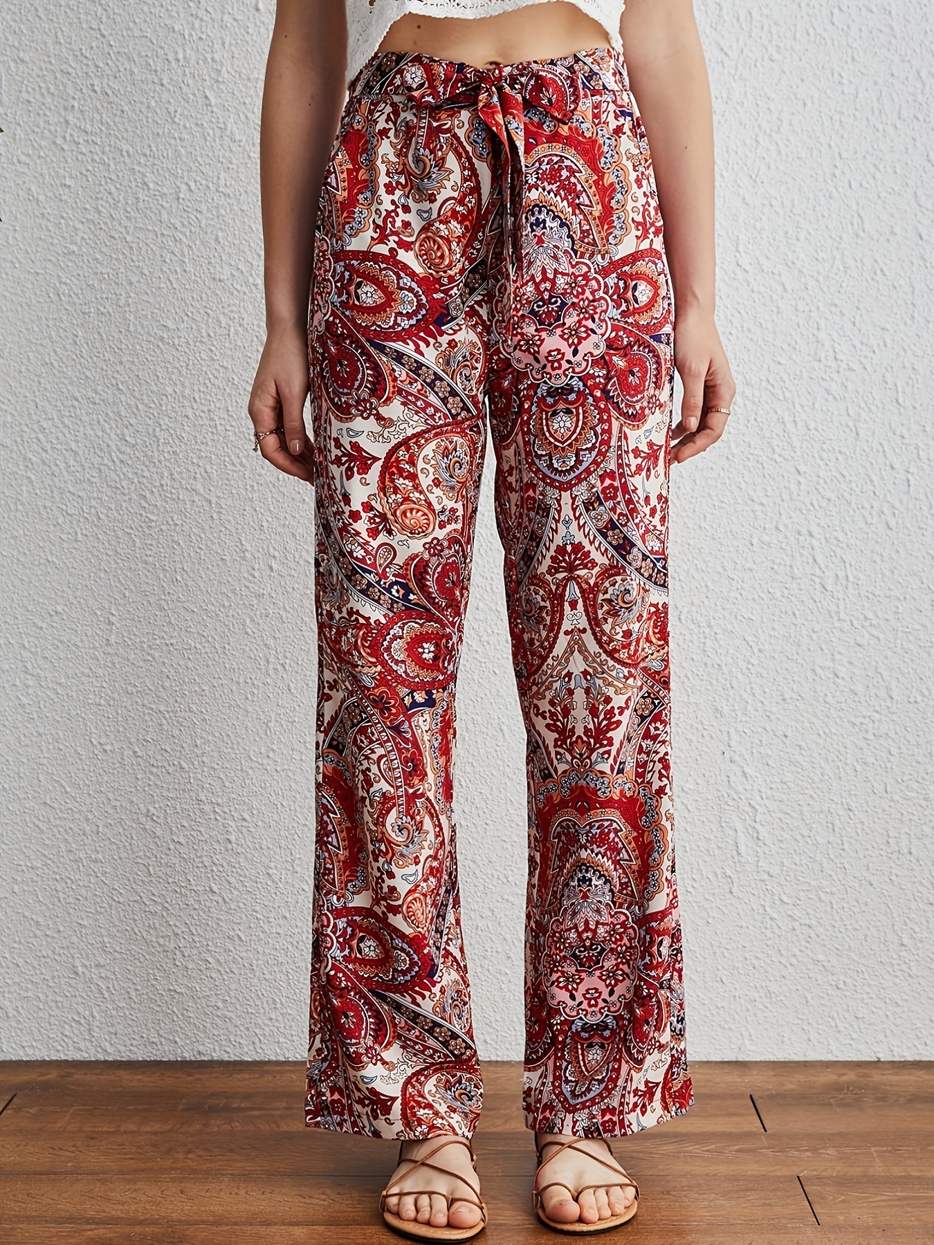 Ethnic Print Flared Leg Pants Boho High Waist Long Length - Temu