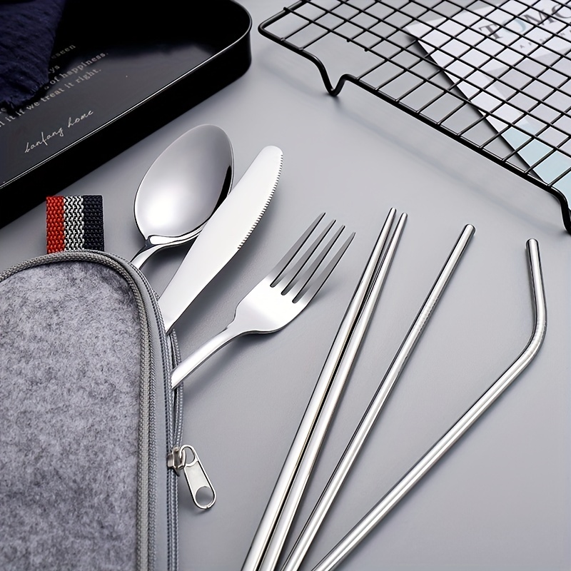 7Pcs Portable Lunch Tableware Cutlery Set Stainless Steel Spoon