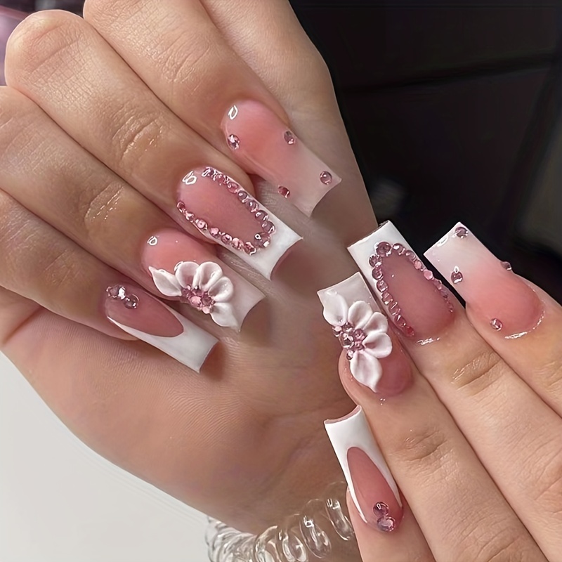Pink Press On Nails Long Coffin Nails With Rhinestone French Fake Nails  Press On 24 Pcs False Nails With Designs Purple Flowers Stick On Nails For  Wom