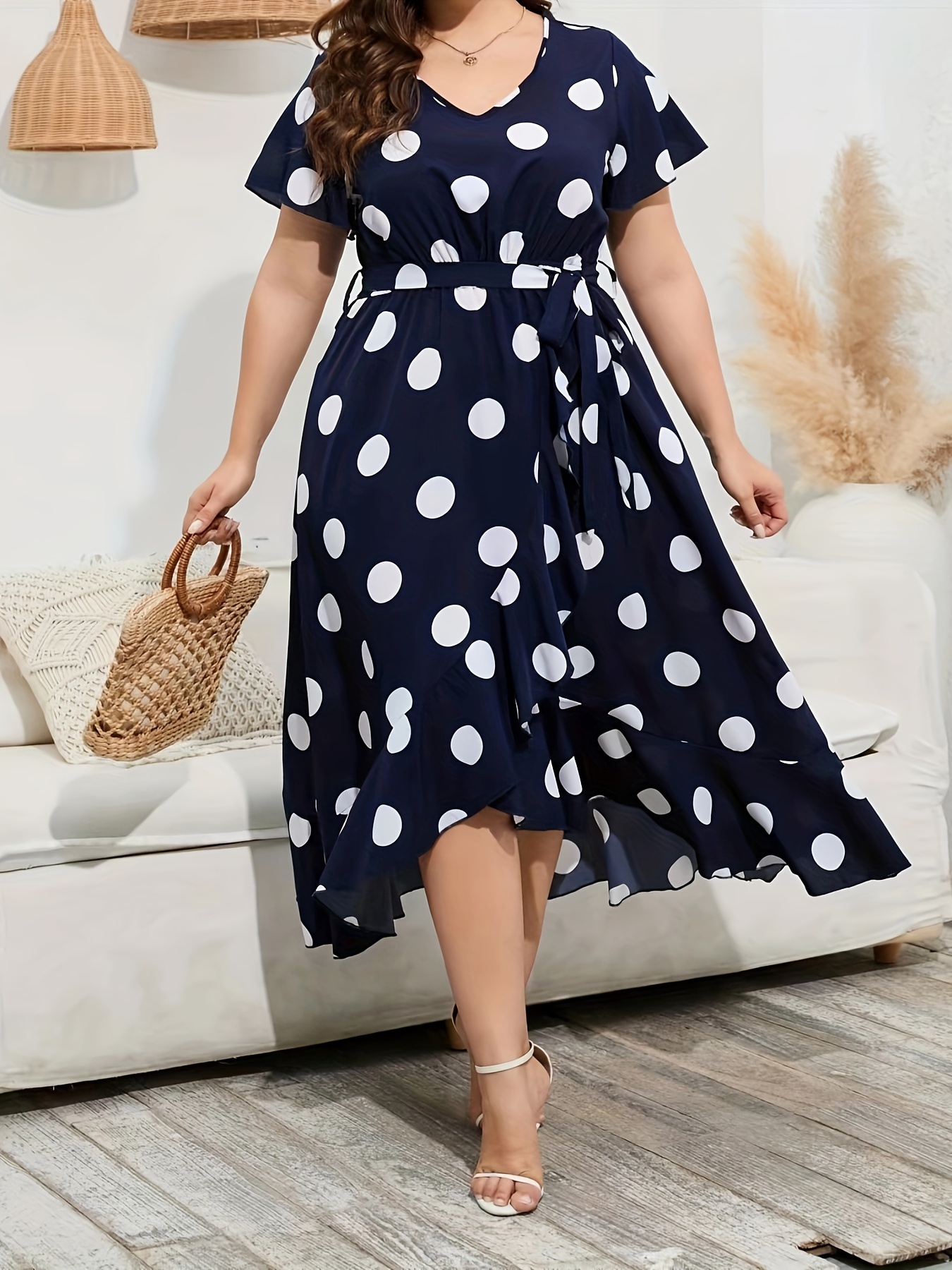 SHOPESSA Plus Size Clothes for Women Women's Sexy Dress Sleeveless V-neck  Polka Dot Front Buttoned Dress With Belt 