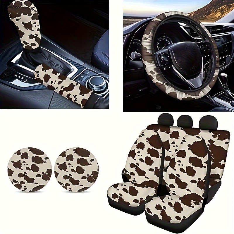 Brown Cow Print Car Seat Cushion Set Steering Wheel Cover - Temu