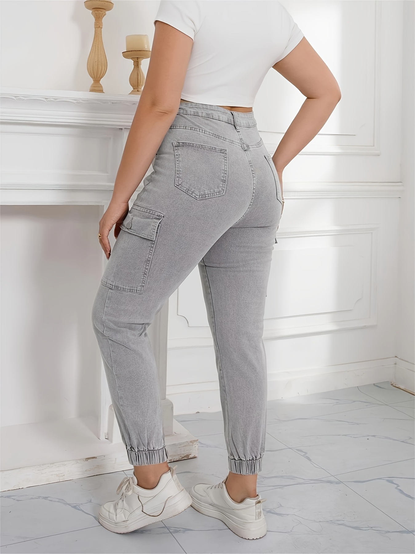 Women's Casual Jeans Plus Size Plain Grey Side Flap Pocket - Temu
