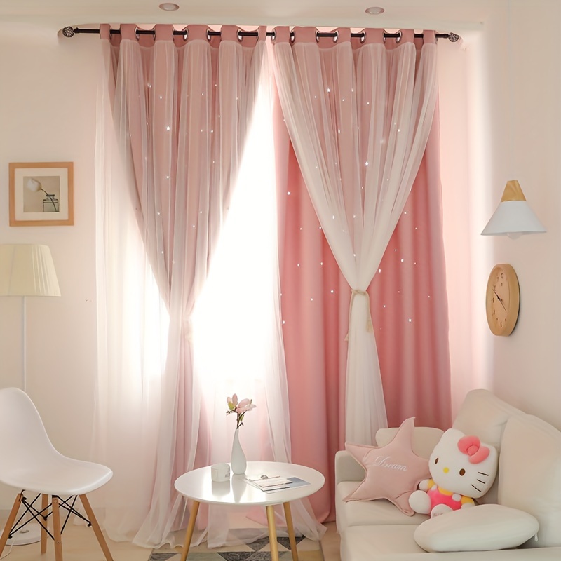 

1pc Solid Color Hollow Star Double Layer Yarn Curtain Integrated Living Room Bedroom Balcony Blackout Curtain Home Decoration Door Curtain Room Decor