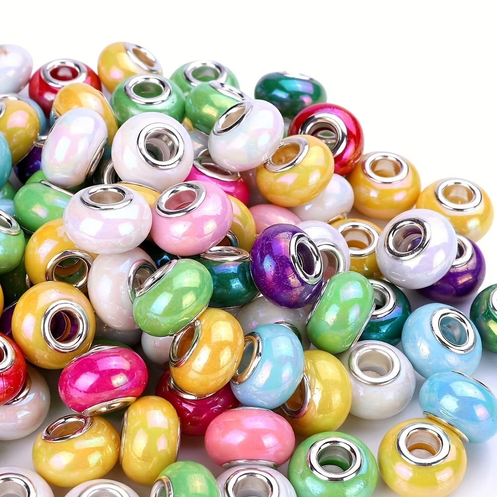 

100pcs 14mm Large Hole Spacer Silicone Beads Mix Color With Silvery Brass Color Cores Charm Lampwork Beads Supplies For Necklace Bracelets Jewelry Making (ceramic Effect)
