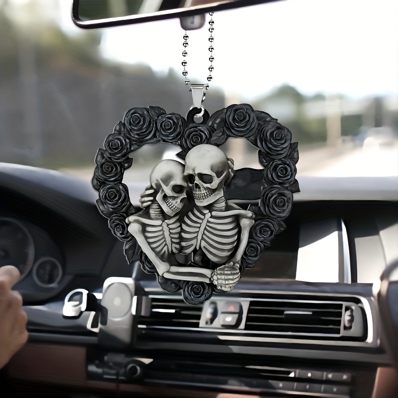 Skull Couple Pendant Heart Rose Car Rearview Mirror Hanging - Temu