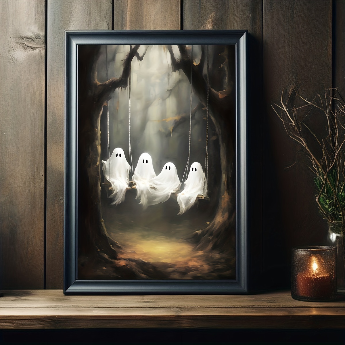 Four Cute Ghosts On A Swing In Fall Woods Print Poster, Dark