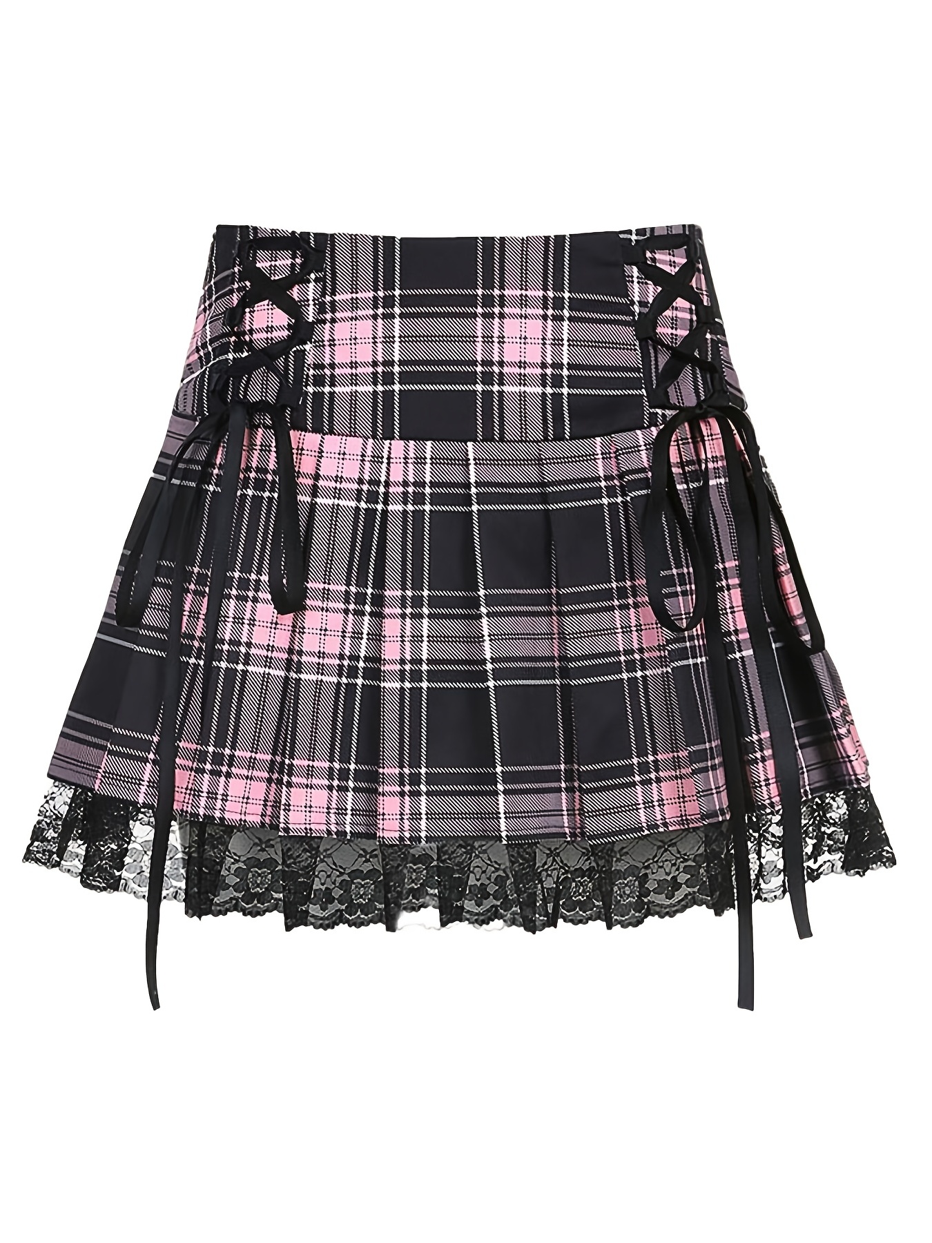 Lace Plaid Pleated Mini Skirt Y2k Gothic School Girls - Temu
