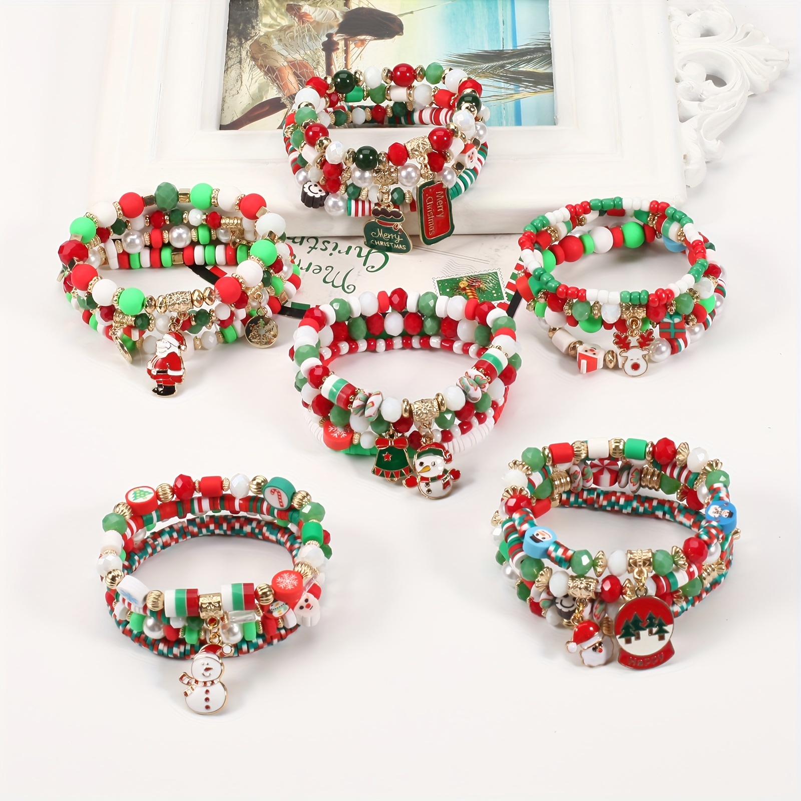 Santa Claus Pendant Beaded Bracelet Set Red Green Soft Clay - Temu