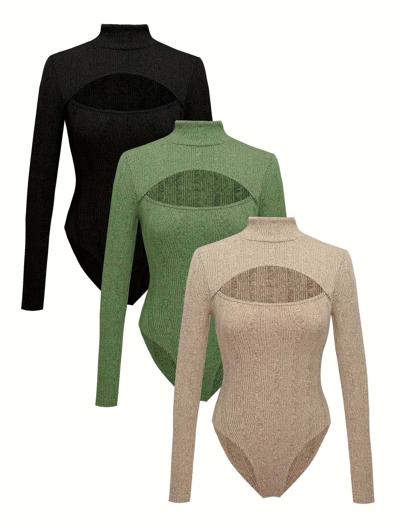 Solid Turtle Neck Rib Knit Bodysuit Casual Long Sleeve Slim - Temu