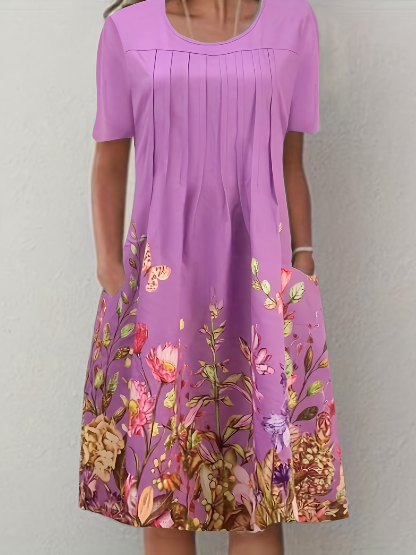 Сукня з квітковим принтом та складками на переду, повсякденна сукня з коротким рукавом та подвійними кишенями, жіночий одяг