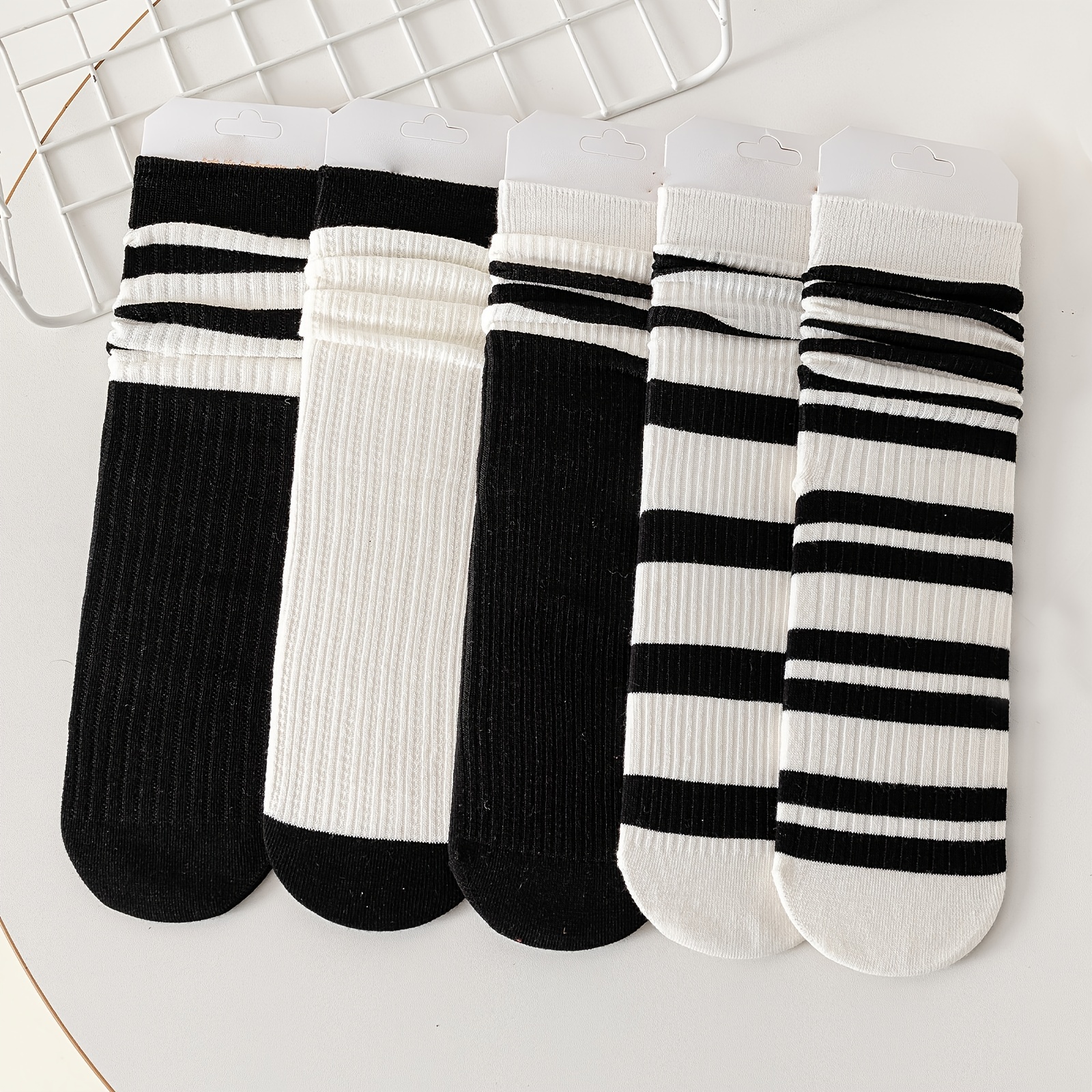 5 Pares Calcetines Rayas En Blanco Negro Calcetines Casuales - Temu