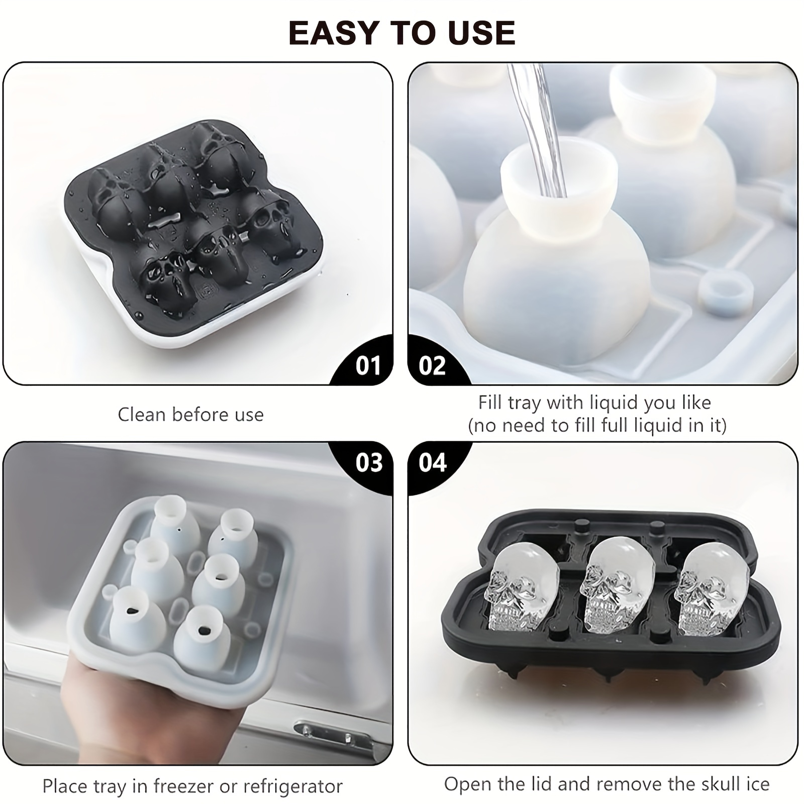 1pc Skeleton Head Mold Ice Trays,Silicone Ice Trays for Freezer,Easy  Release Silicone Ice Cube Tray,4 Big Ice Skeleton Head for  Cocktails,Whiskey,Soups and Frozen Treats