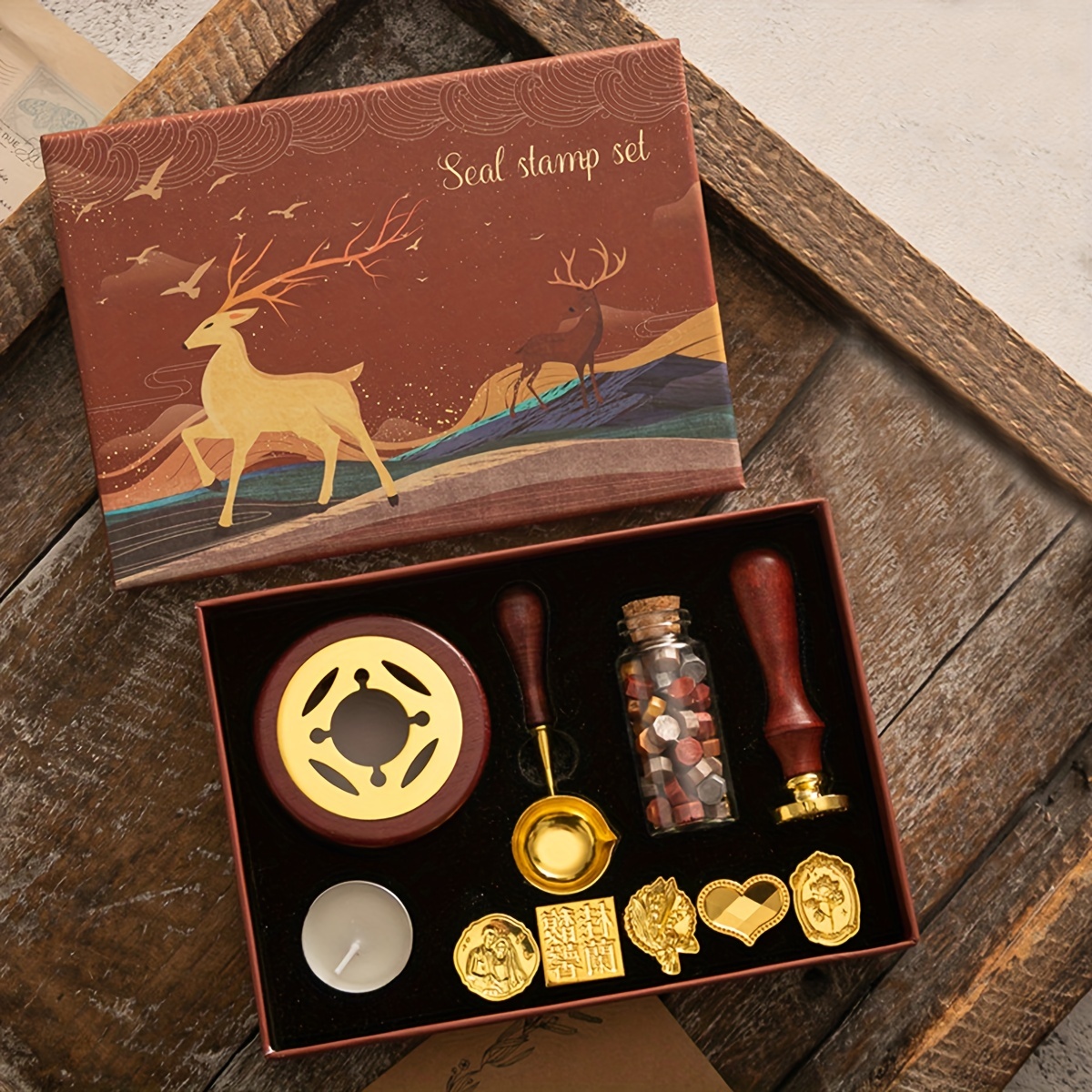 

1pc Fire Paint Seal Set Retro Elk Gift Box Fire Paint Stove Seal Small Round Wax Set Wooden Handle Fire Paint Set