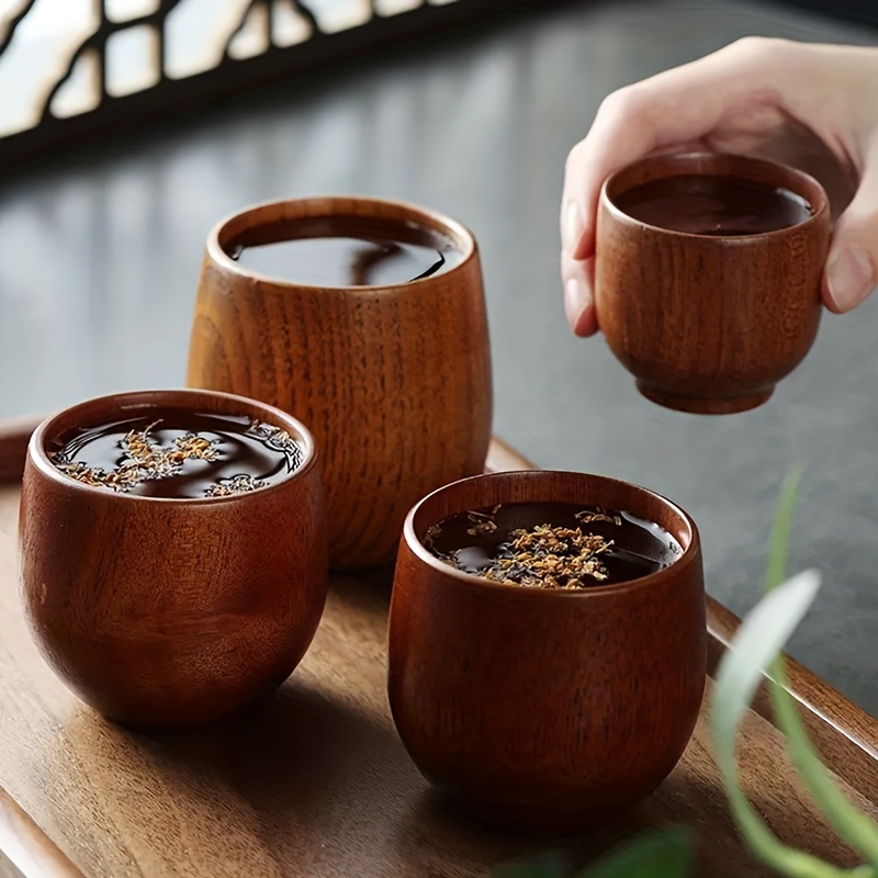 Natural Solid Wooden Tea Cup Set, Elegant Japanese Jujube-Wood Coffee Mug  Handcrafted Small Desk Cup With Handle (2 Pcs)