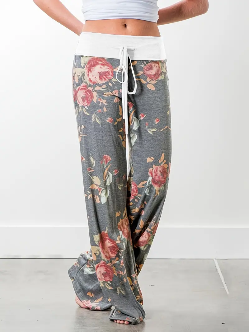 Generic Womens Loose Yoga Pants Floral Print Wide Leg Trousers