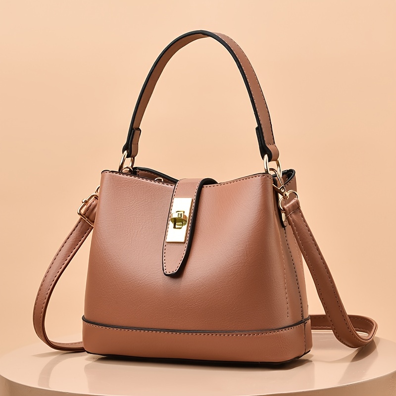 Stylish Large Capacity Bucket Bag Solid Color Faux Leather - Temu