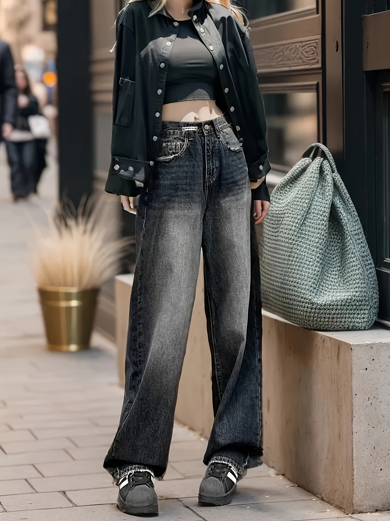 Elastic Print Design Loose Jeans Women Vintage Casual Denim Pants