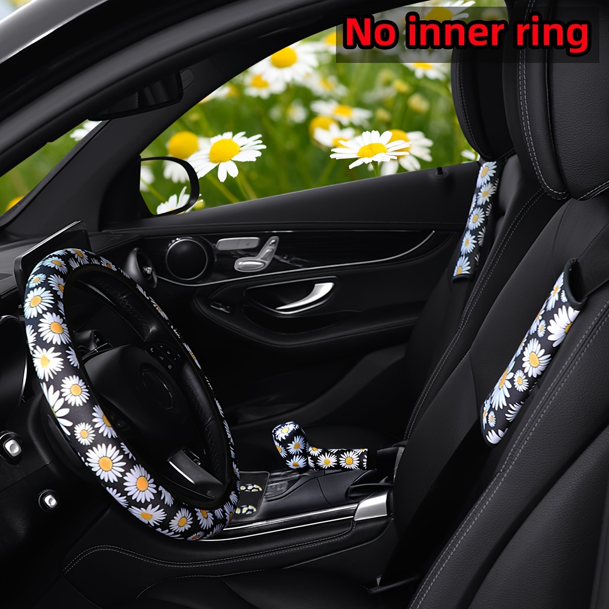 

7pcs Flower Soft Car No Inner Ring Steering Wheel Cover, Seat Belt Shoulder Protector, Handbrake Cover, Handlebar Cover, Coaster, Car Interior Set