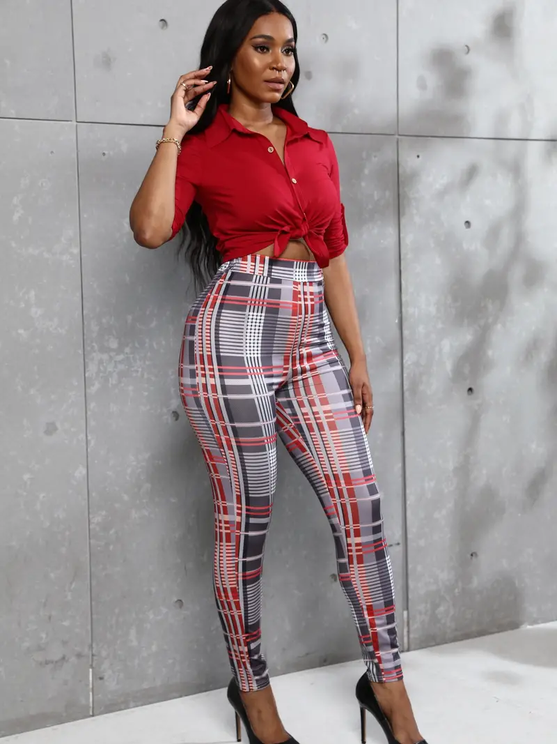 Casual Spring & Summer Two-piece Set, Button Front Knot Shirt & High Waist  Plaid Pants Outfits, Women's Clothing