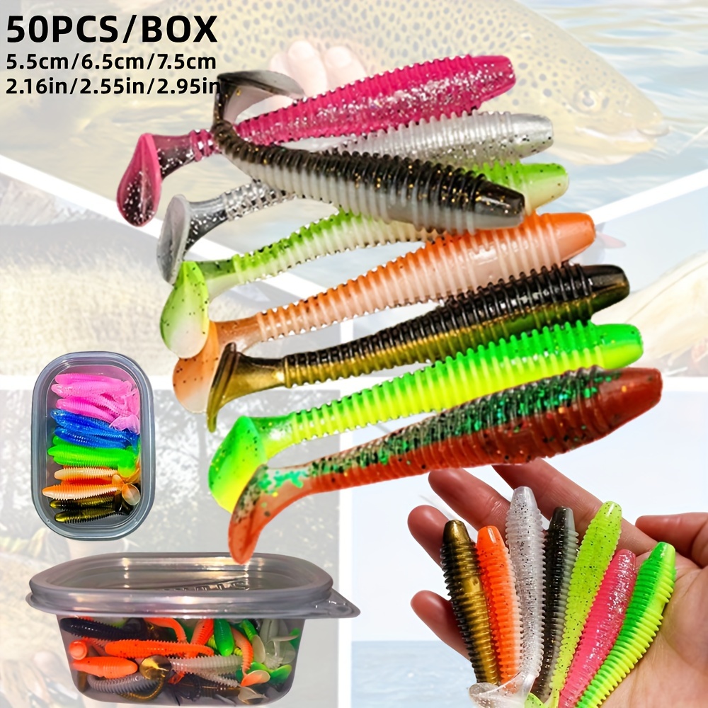 

50pcs/box Soft Fishing Lures For Bass, Paddle Tail Swimbaits, Fishing Bait Set With Box For Trout Redfish, Fishing Accessories For Freshwater Saltwater