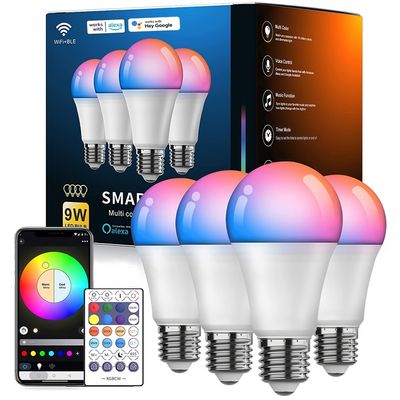 1 2 4pcs 9w smart light bulb a19 e26 800lm color changing led bulb wifi and bt 5 0 app control dimmable and rgbcw smart home lighting voice control with alexa google assistant for bedrooms parties christmas game rooms and home theaters