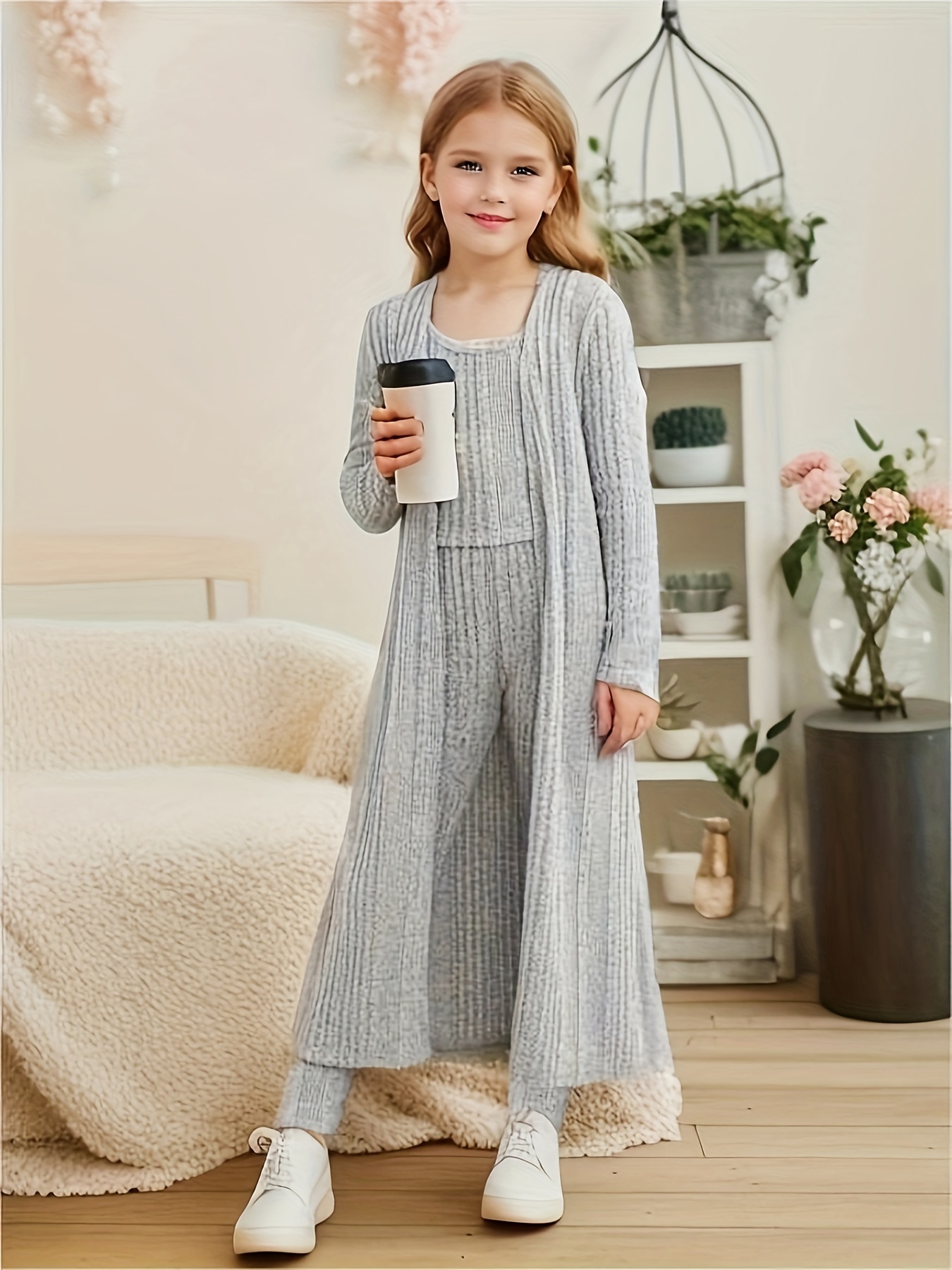 Kid Girls Fashionable Outfits Round Neckline Top+Loose Long Pants Casual  Clothes