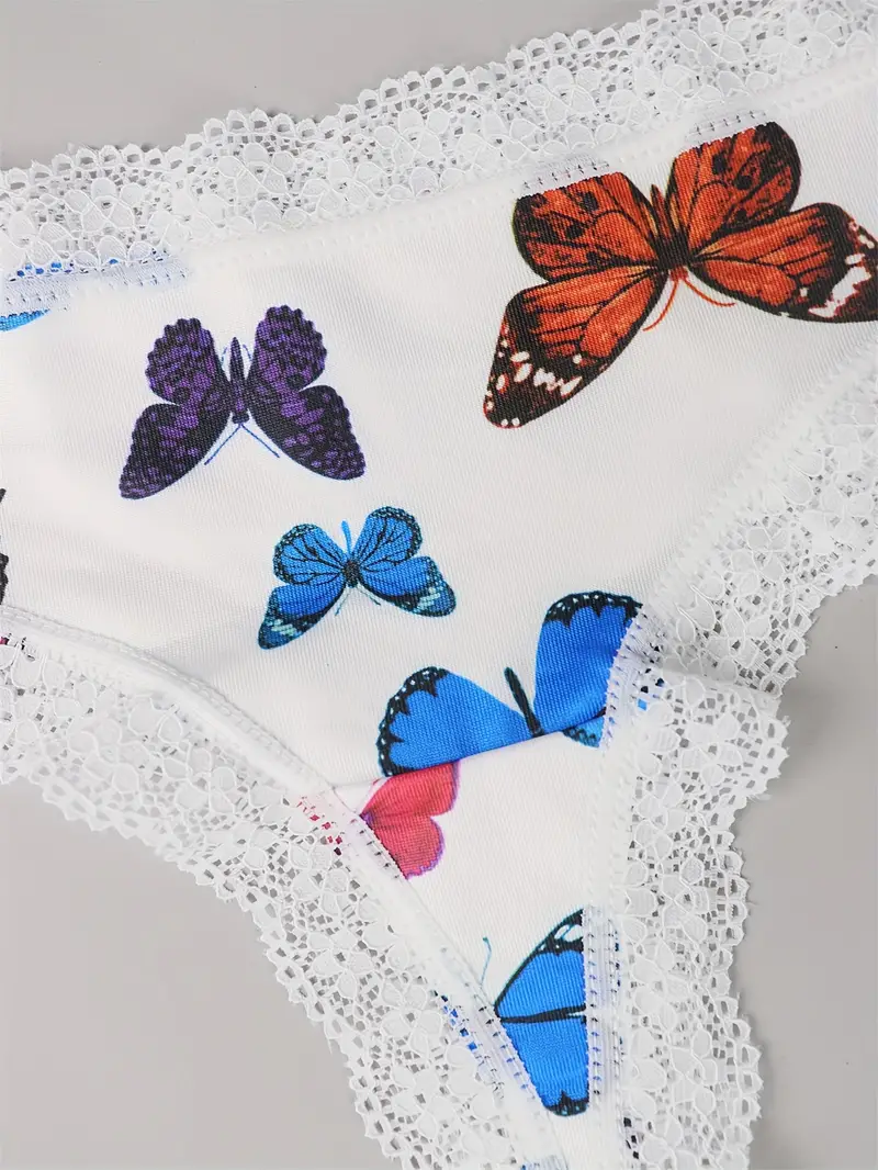 3 Pack Plus Size Cute Underwear Set, Women's Plus Butterfly & Heart Print  Contrast Lace Tanga Panty Three Piece Set