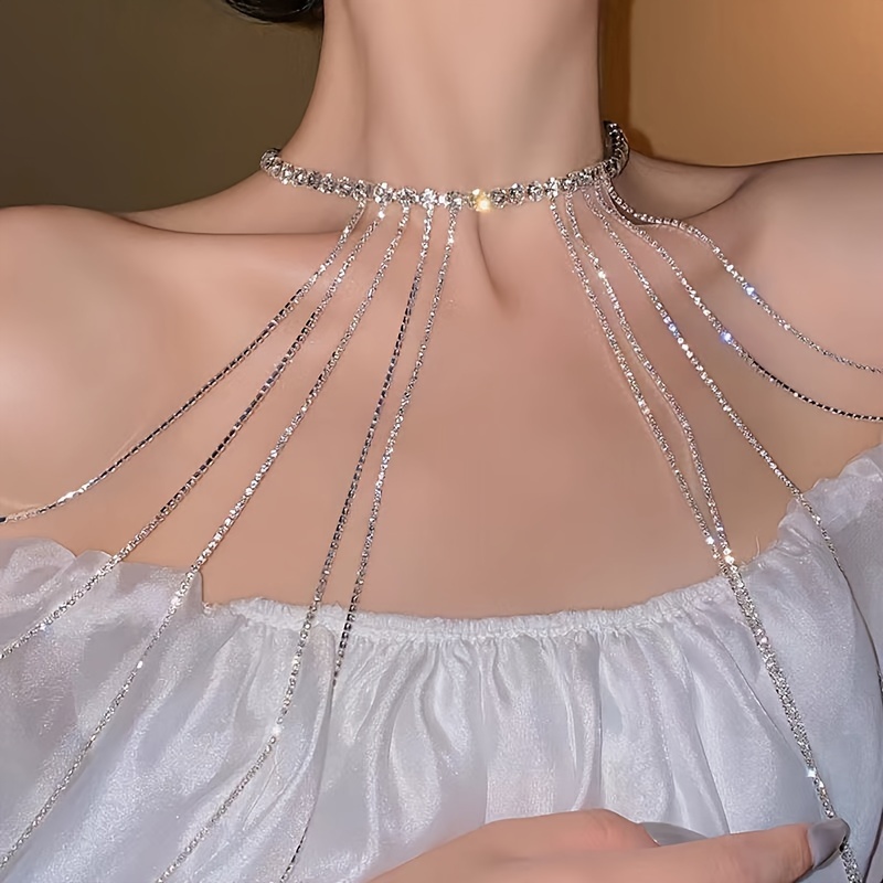 Silver 3 Strand Rhinestone Choker Necklace Open Bra Body Chain Jewelry