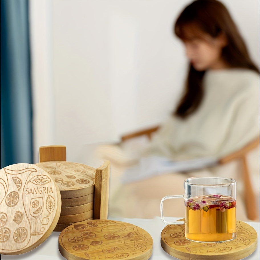 6Pcs Round Wooden Drink Tea Coaster Coffee Cup Mat Pad Placemat