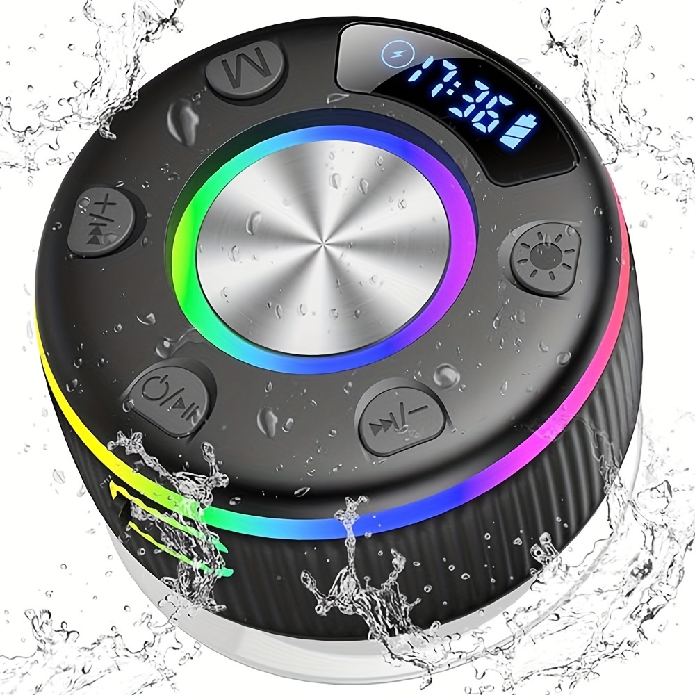 Altavoz de ducha Bluetooth impermeable IPX7 BassPal, sonido HD alto, luz  LED, radio FM, ventosa, gancho resistente, altavoz inalámbrico
