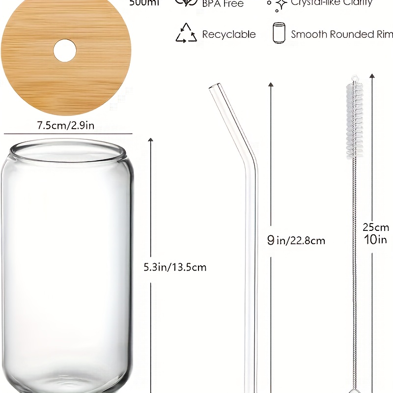 Iced Coffee Glass Cup with Bamboo Lid and Straw, 550ML/470ML Beer Can Glass  with Lids and Straw, Camping Cup, Can Shaped Glass Soda Can Cup