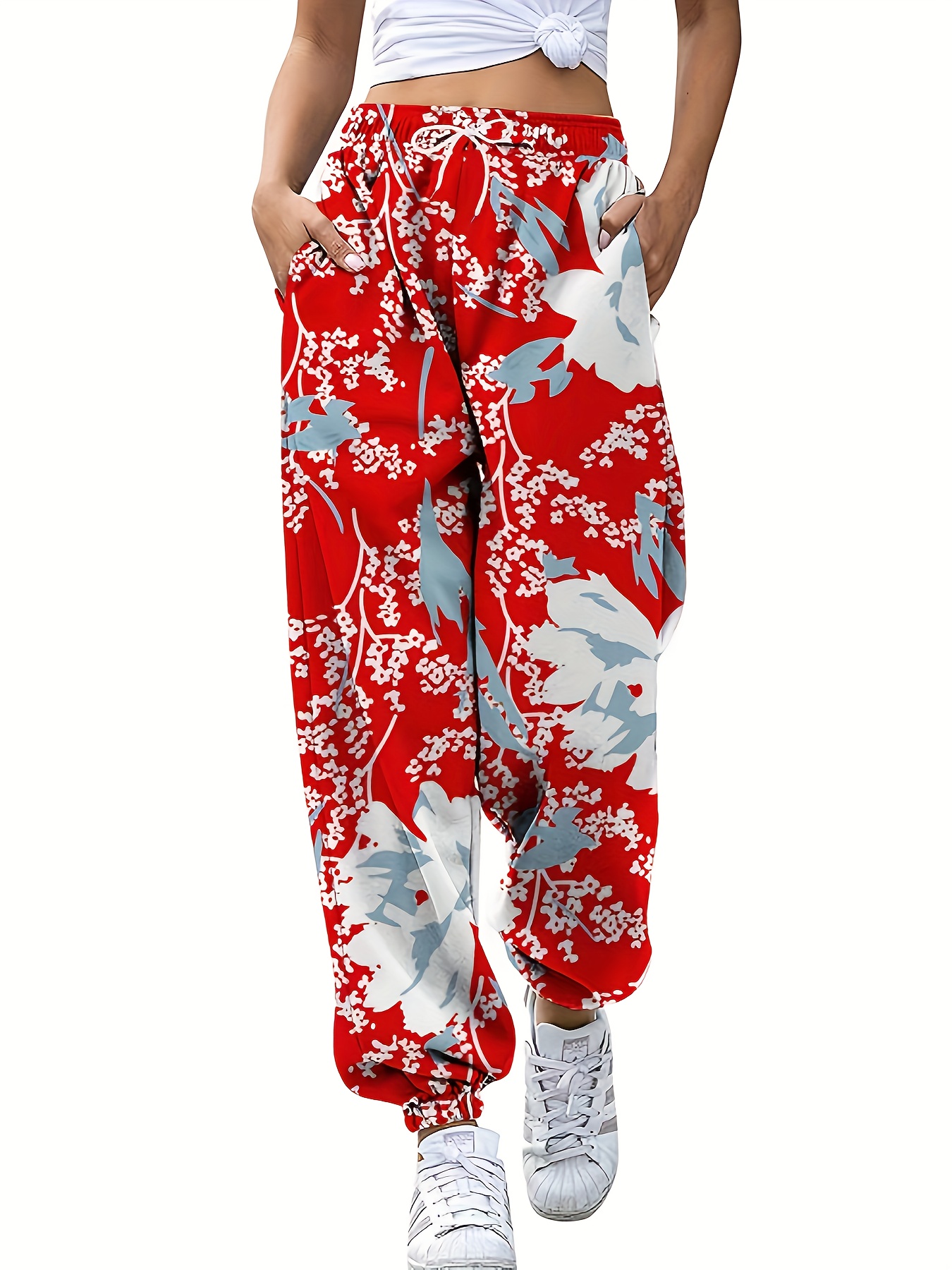 Floral Print Drawstring Pants Casual Elastic Waist Wide Leg - Temu