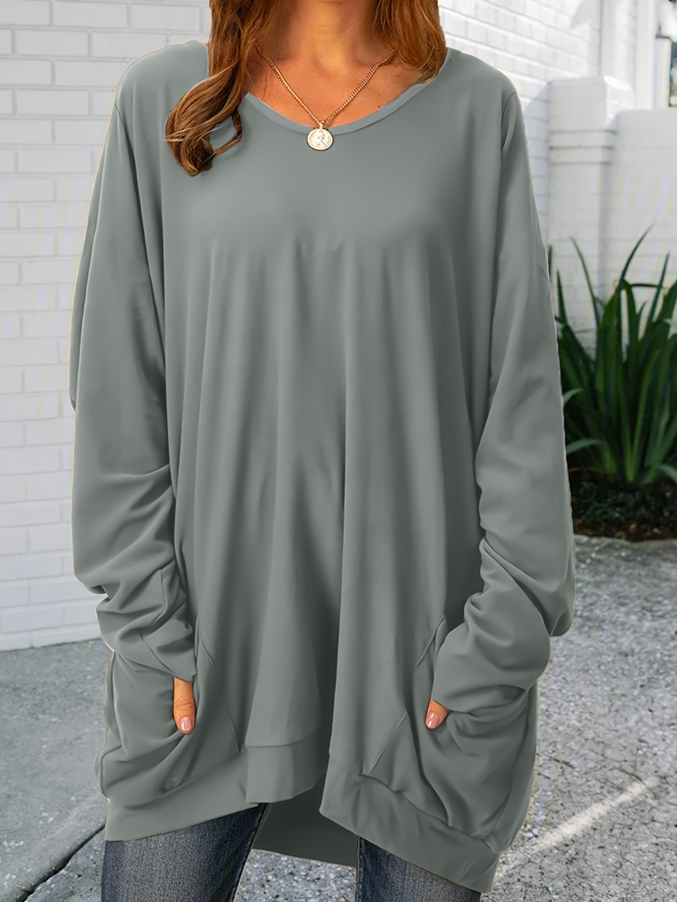 plus size casual top womens plus solid long sleeve round neck tunic top with pockets