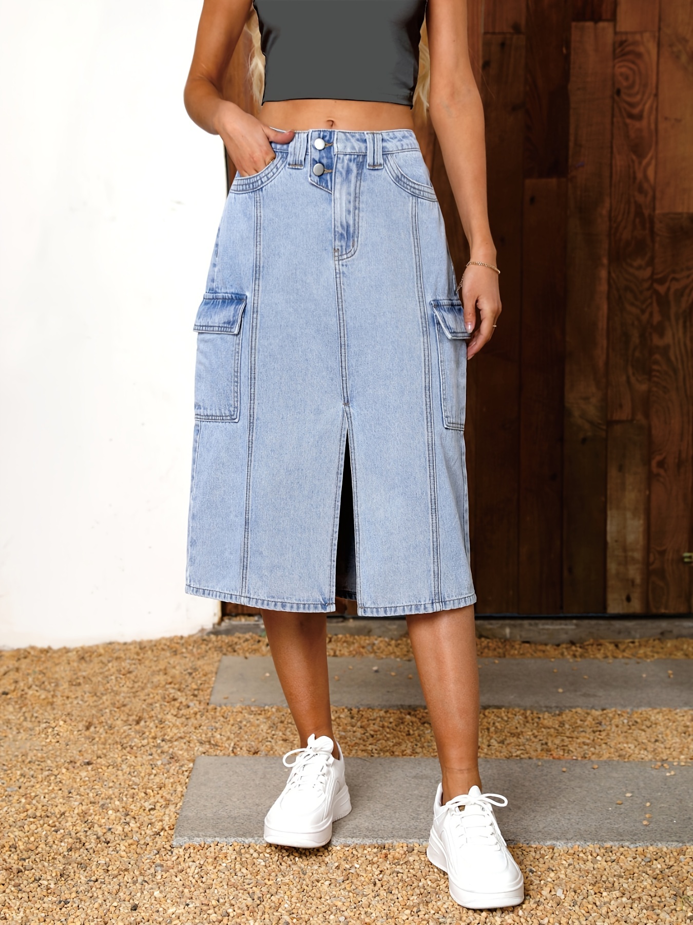 Split Front Deep Blue Slash Pocket Denim Skirt Causal Washed - Temu Canada