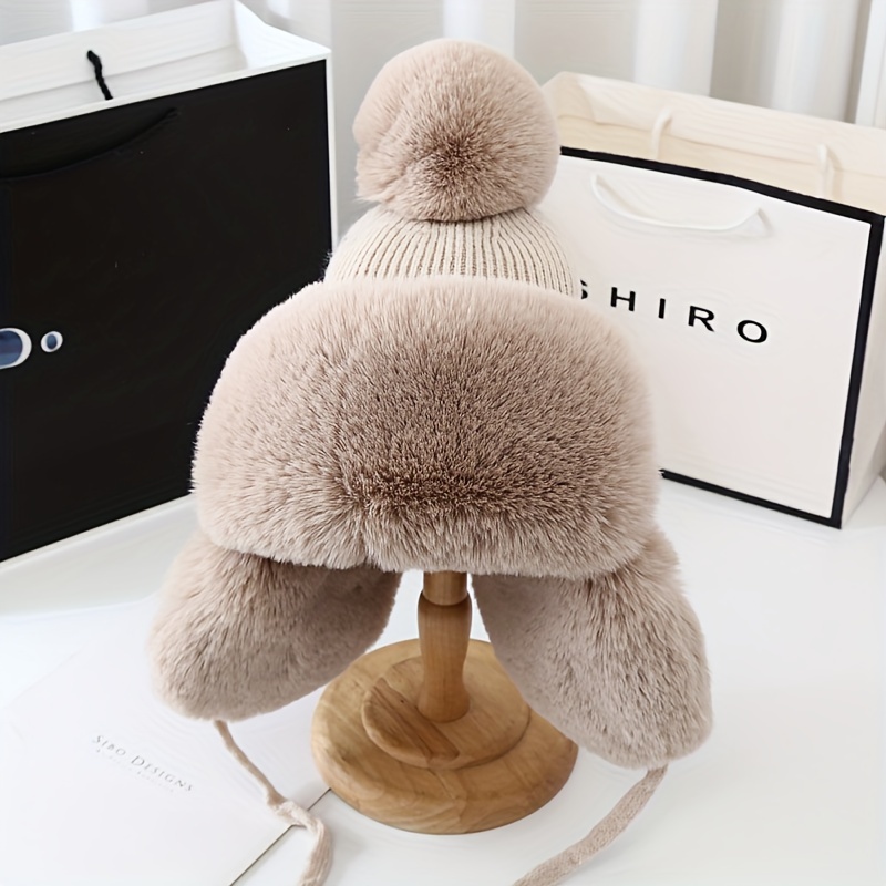 Winter Faux Fur Ear Flap Hat Thick Solid Color Bomber Hats Elastic Warm  Beanies With Pom Coldproof Knit Hats For Women - Temu