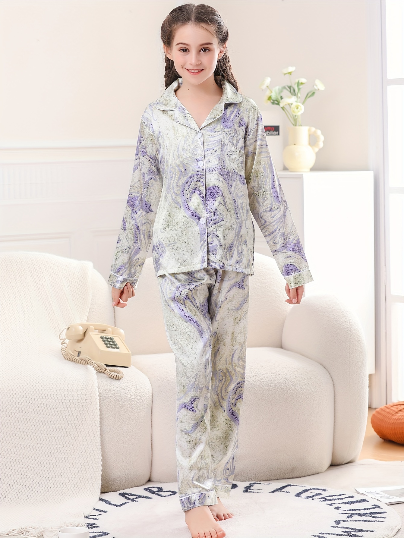 Girls Pajama Sets Ice Silk Lapel Front Buckle Chest Pocket - Temu