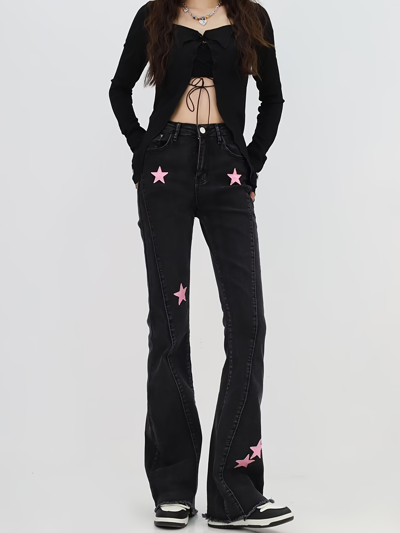 Streetwear Star Pattern Y2k Flare Leg Jeans Black High - Temu Belgium