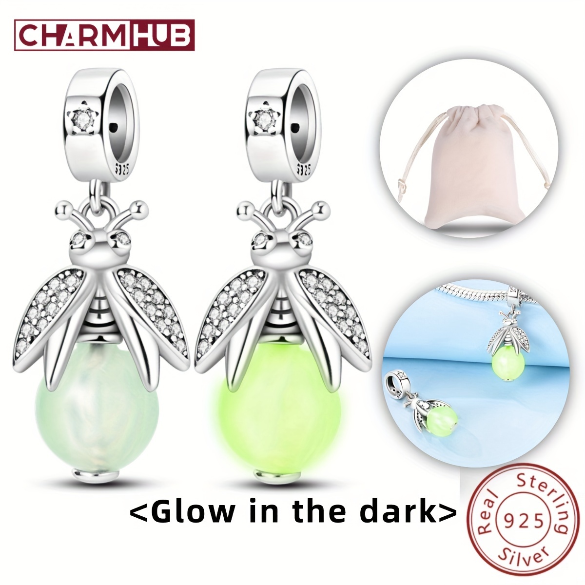 Glow-in-the-dark Firefly Dangle Charm Pendant Beads fit Charms