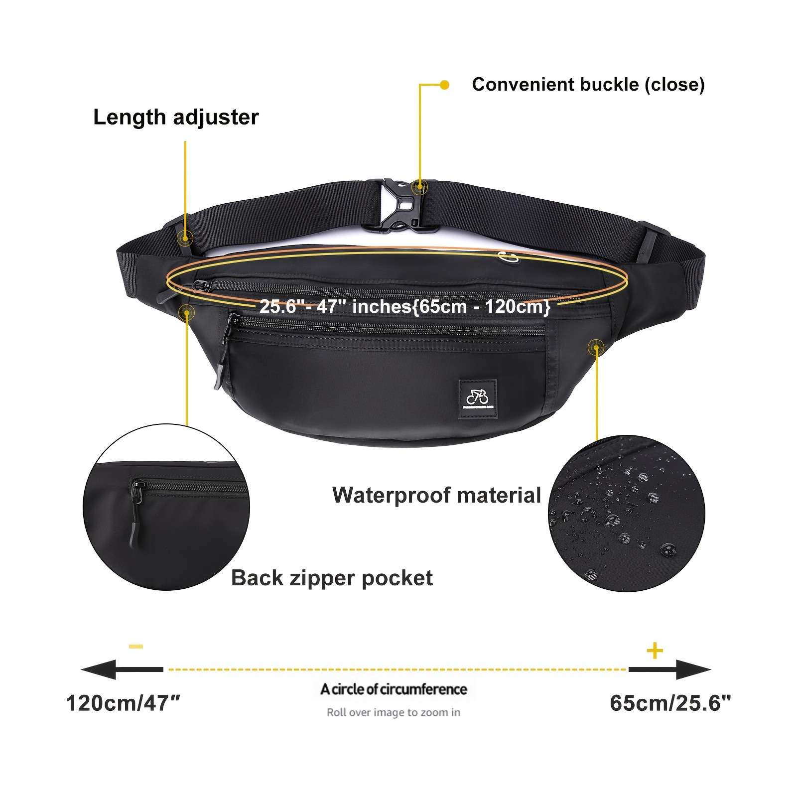 Fanny Packs for Women & Men Unisex Waist Bag Pack with Headphone Jack and Zipper Adjustable Strap Black Fanny Pack for Outdoors & Gym