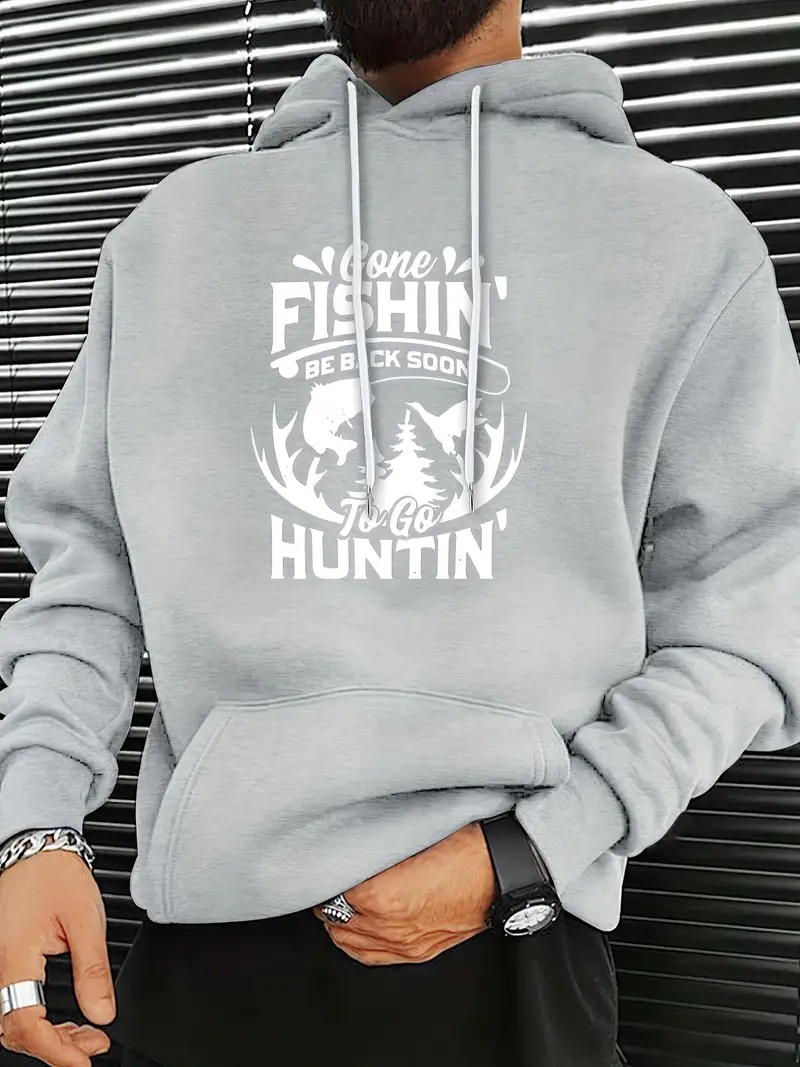 Fishing & Hunting Letter Print, Hoodies For Men, Graphic Sweatshirt With Kangaroo Pocket, Comfy Trendy Hooded Pullover, Mens Clothing For Fall