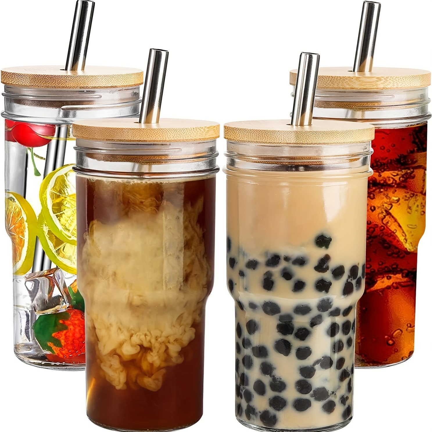 Transparent Drinking Glass With Bamboo Lid And Straw, Portable