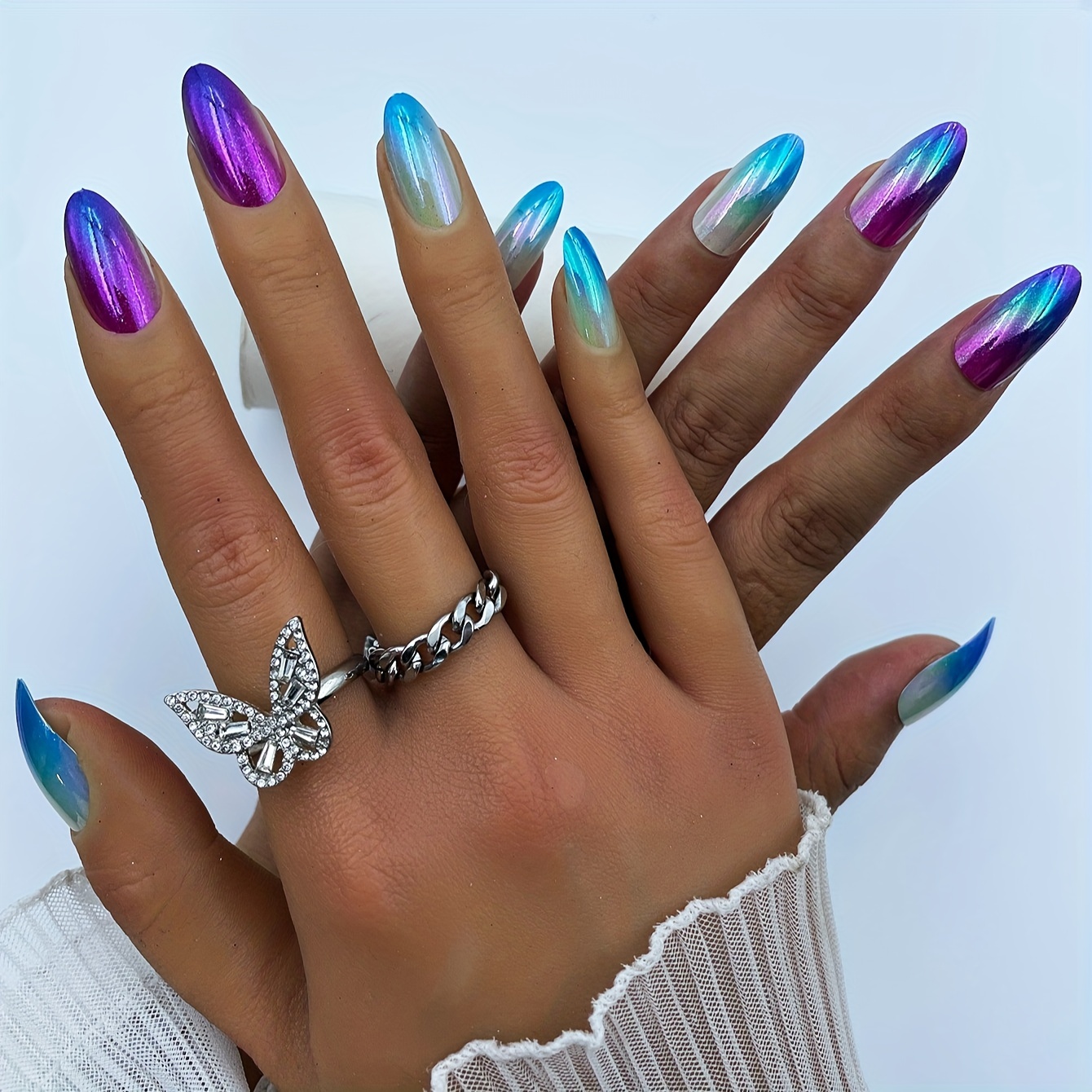 

24pcs Glossy Medium Almond Fake Nails, Aurora Blue And Purple Gradient Press On Nails, Sweet Cool Full Cover False Nails For Women Girls