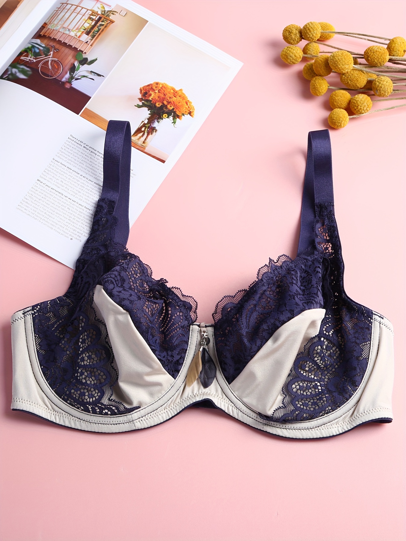 Women's Elegant Everyday Bra Plus Size Contrast Lace Hollow - Temu