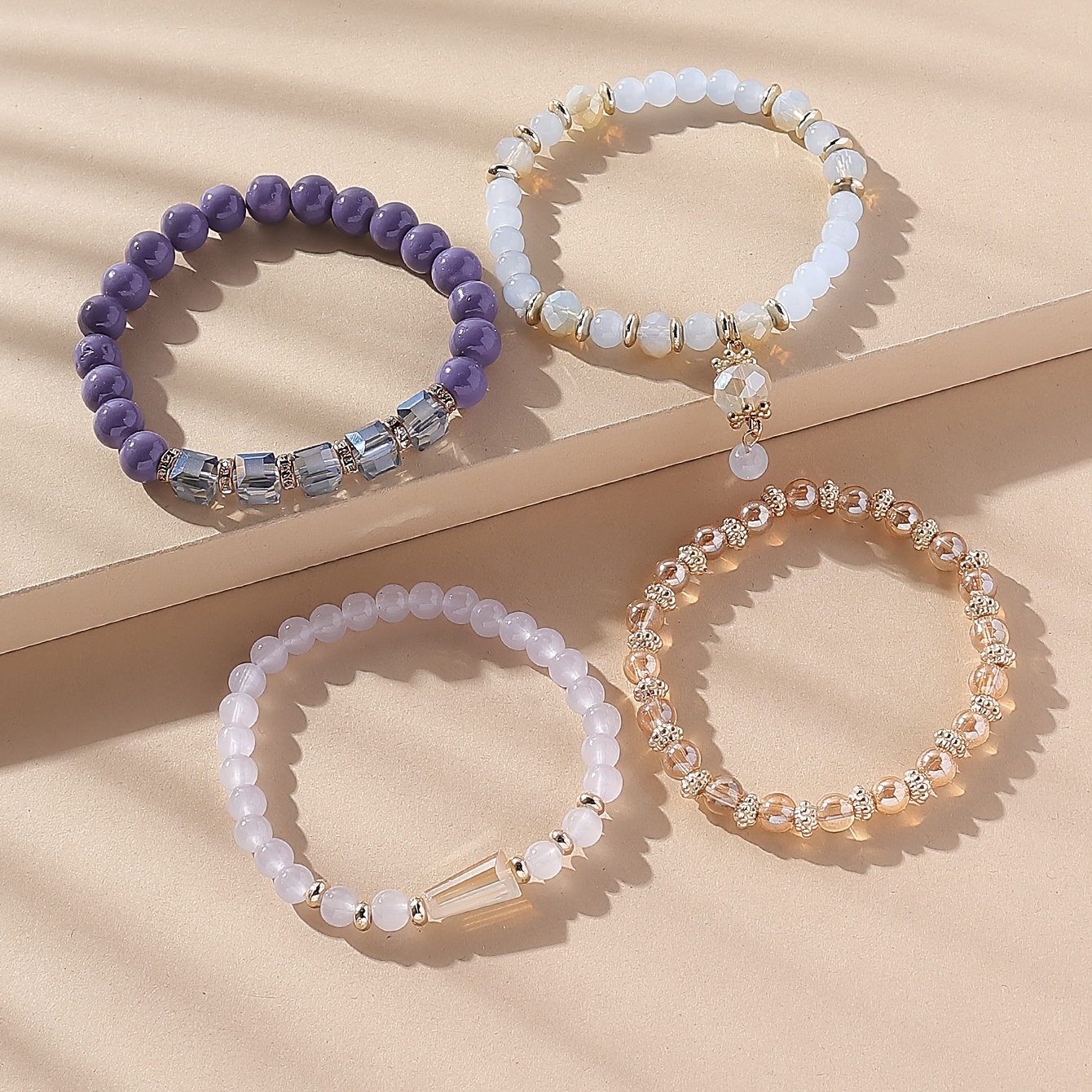 4pc Stackable Beaded Bracelet Set, Boho Style