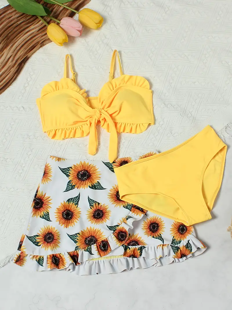 Girl's Bikini Set Knotted Cami Top Briefs Sunflower Pattern - Temu