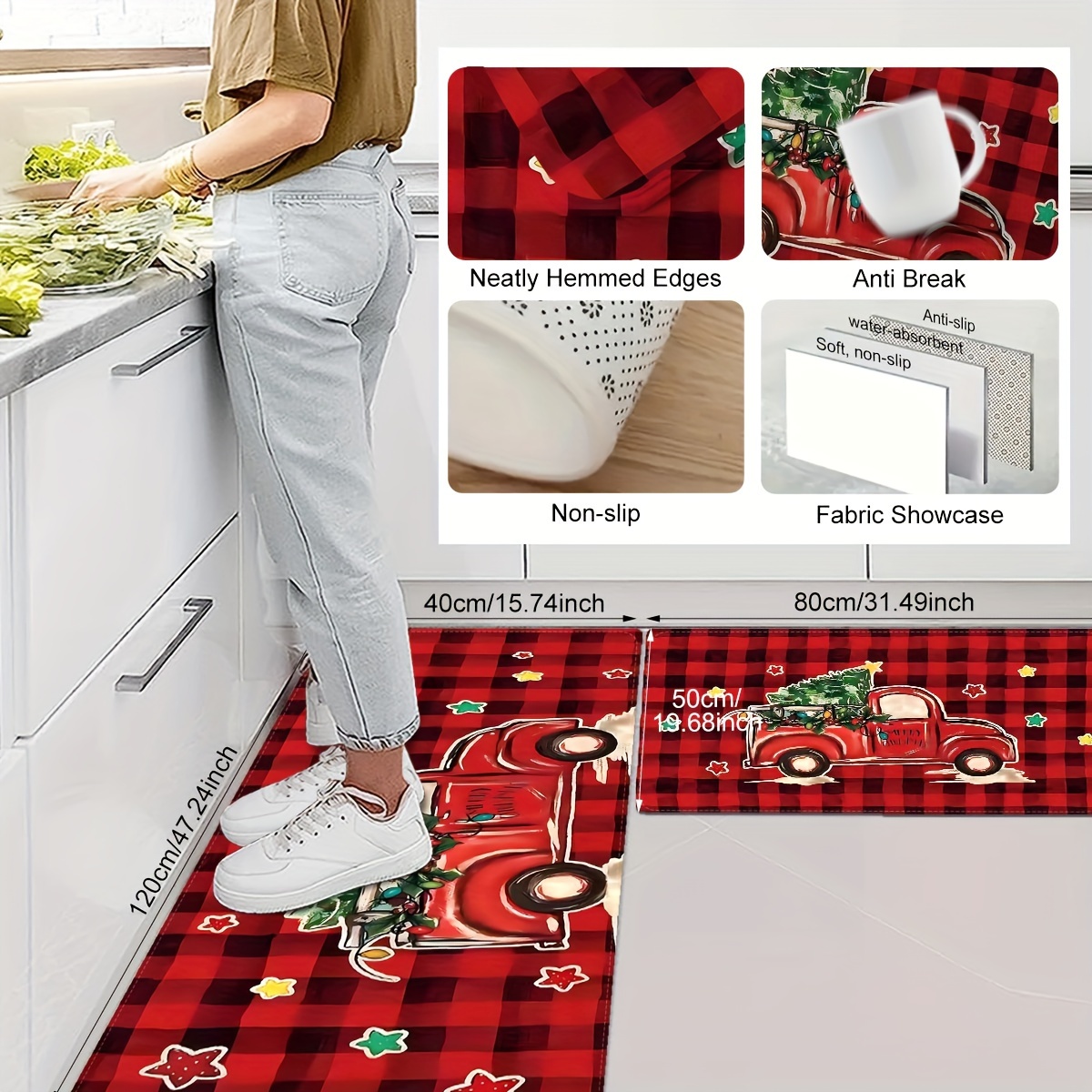 Christmas Red Truck Kitchen Mat, Home Decor Buffalo Plaid Christmas Kitchen  Rugs