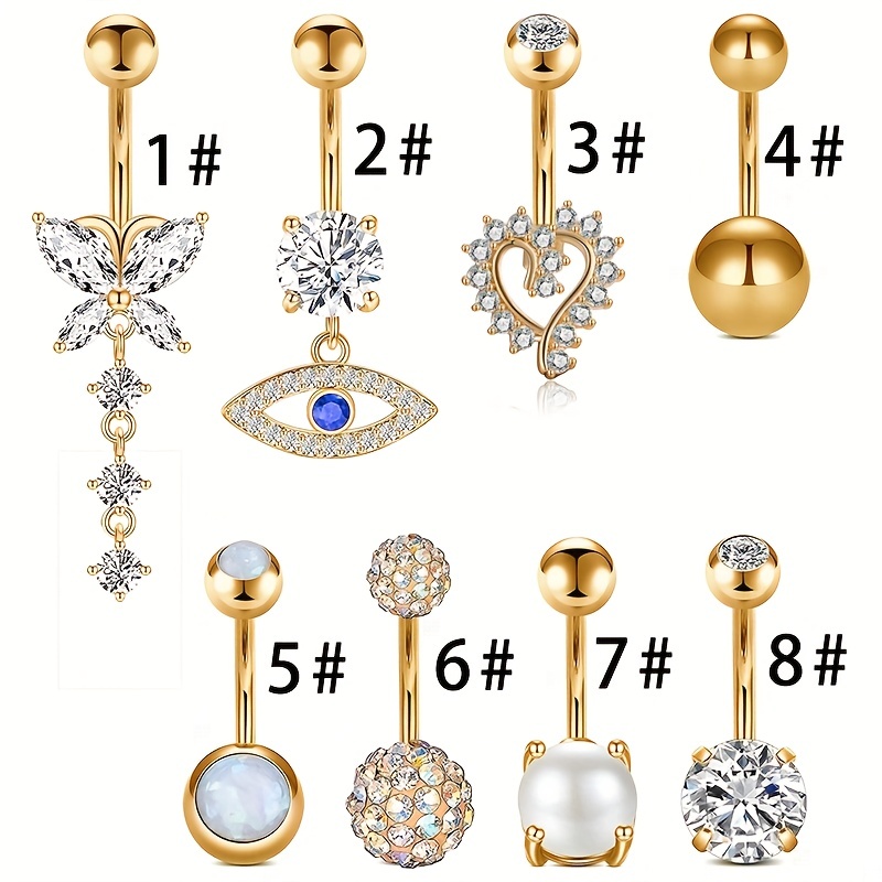 8pc Golden Love Heart Devil's Eye Belly Button Ring Set