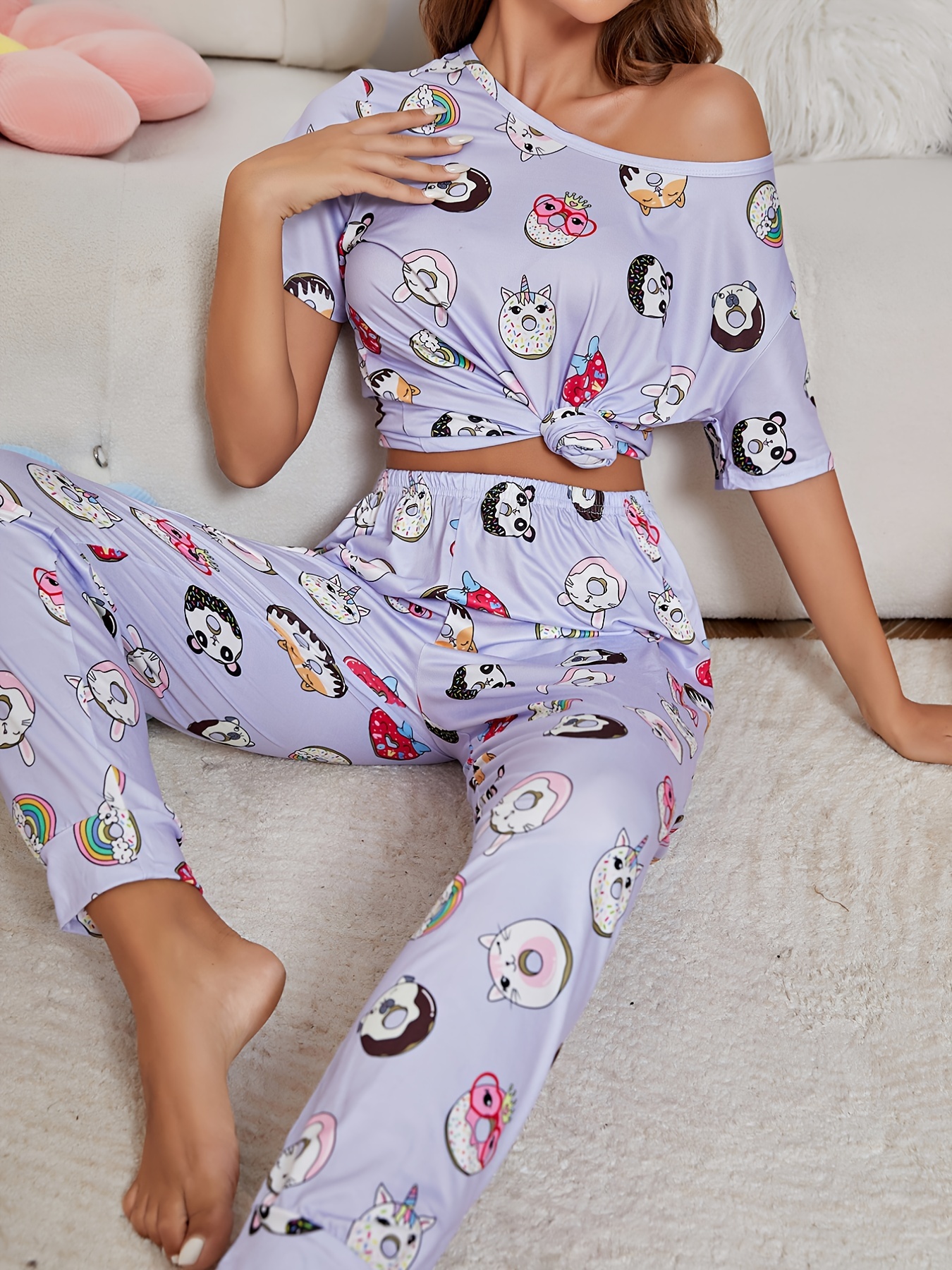 Cartoon Food Print Pajama Set, Cute Short Sleeve Top & Elastic Waistband  Pants, Women's Sleepwear & Loungewear