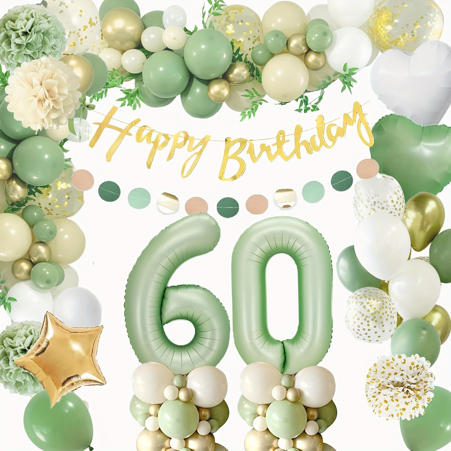 

70pcs, 60th Birthday Party Decorations For Women Men, Green Golden White And Number 60 Balloons, Happy Birthday Banner, Cake Topper, Paper Poms For 60 Birthday Party Decoration, Home Decor
