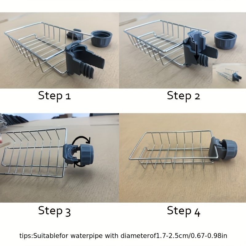 1pc Stainless Steel Sink Organizer Drying Rack, Hanging Sponge Holder,  Faucet Storage Rack with Plastic Tray